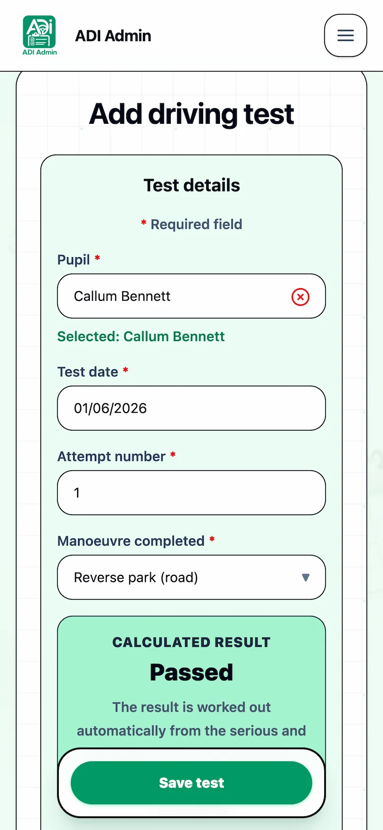 ADI Admin add driving test form showing pupil and test date fields