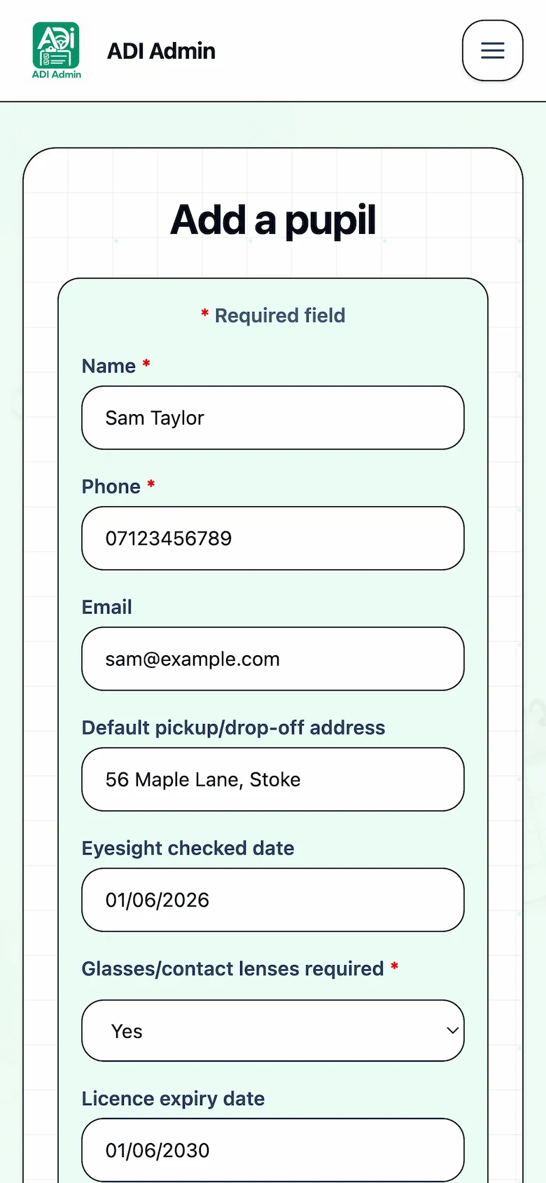 ADI Admin add pupil form with contact and licence fields