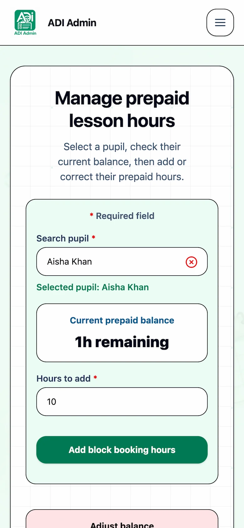 ADI Admin block bookings page showing prepaid driving lesson hours