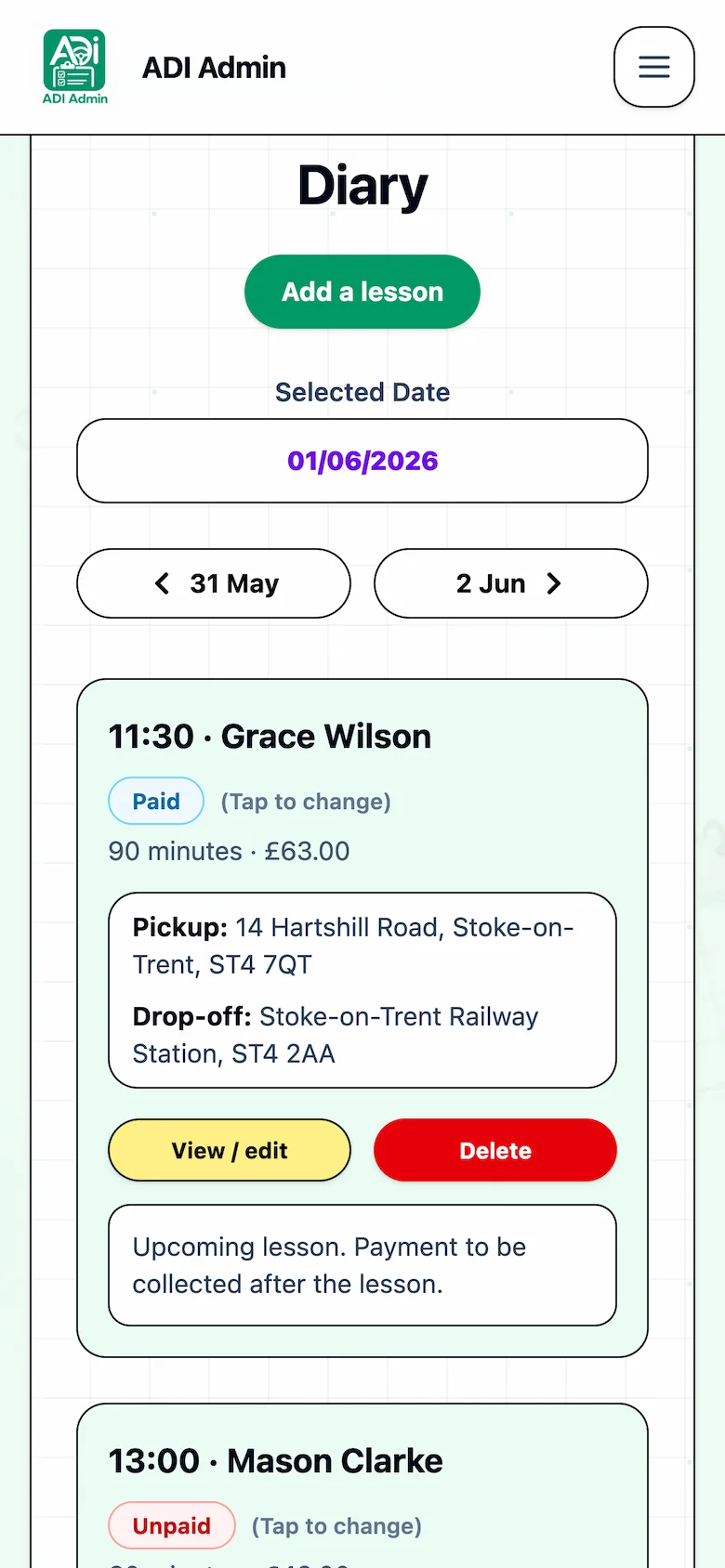 ADI Admin diary day view showing booked driving lessons