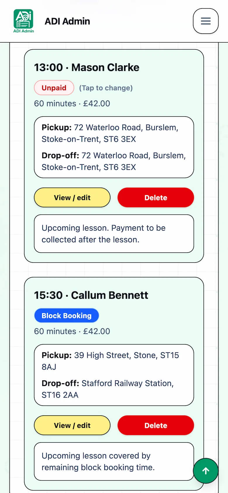 ADI Admin diary lesson card showing pickup and lesson details