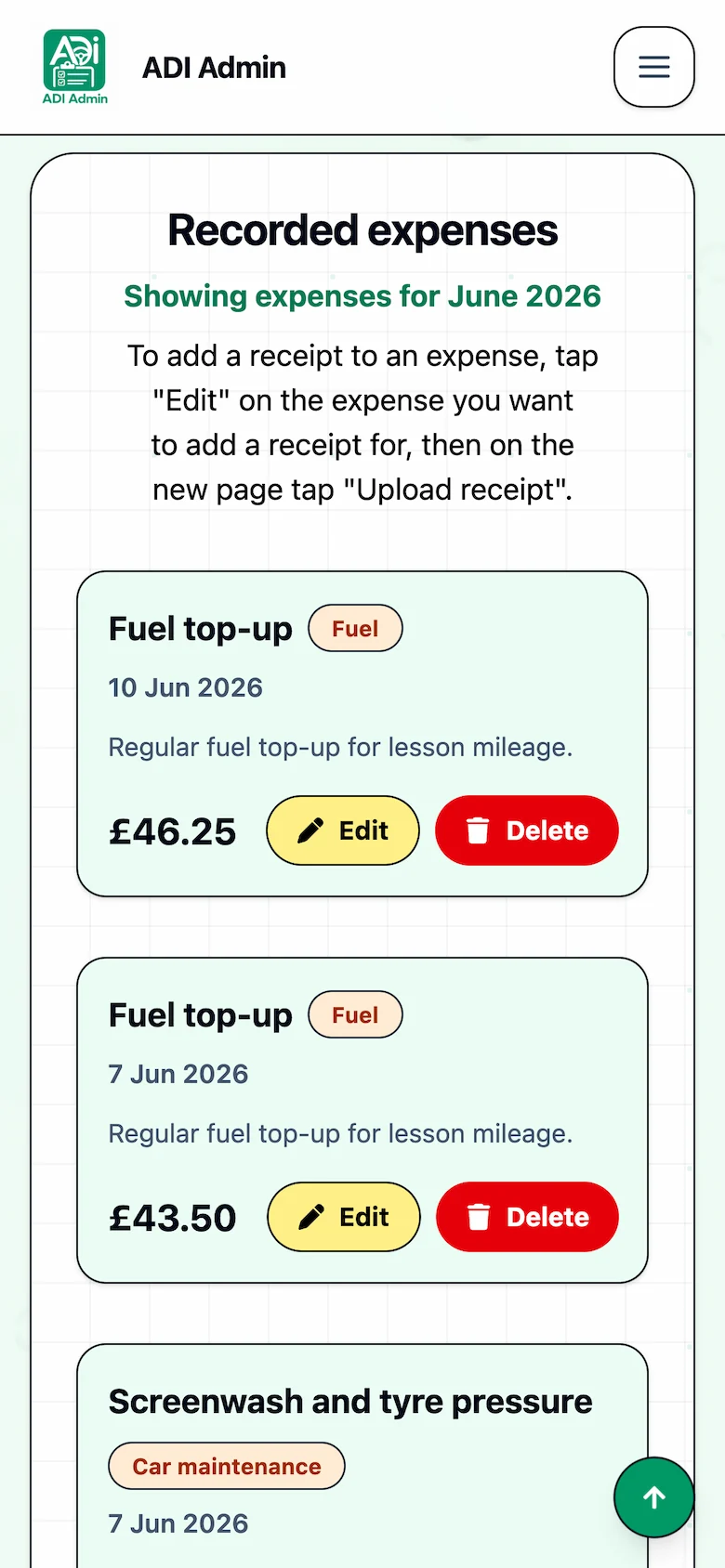 ADI Admin expenses list showing recorded driving instructor costs