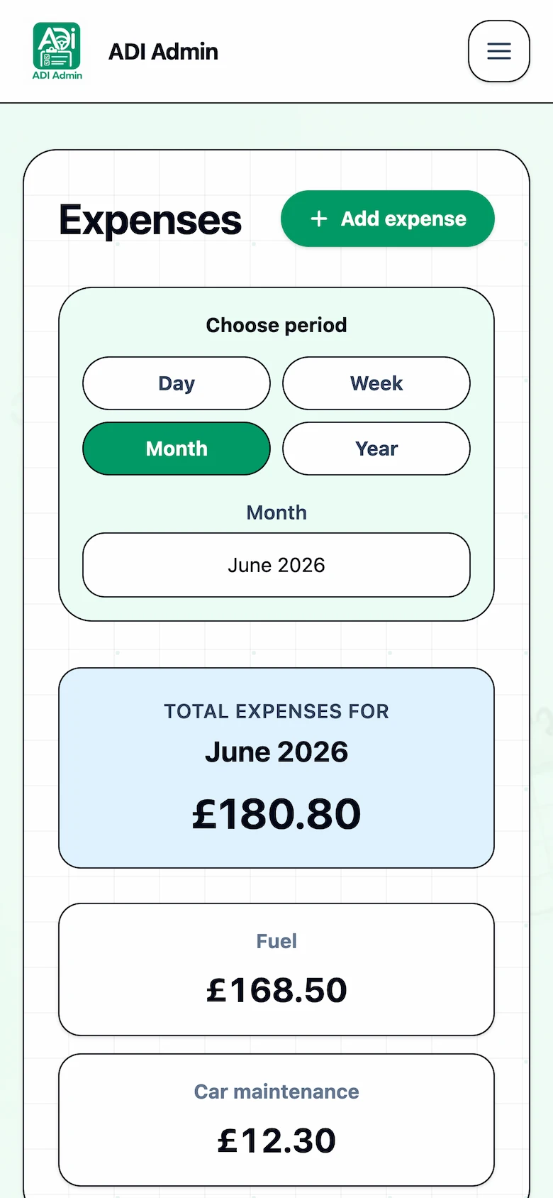 ADI Admin expenses overview showing expense totals and period controls