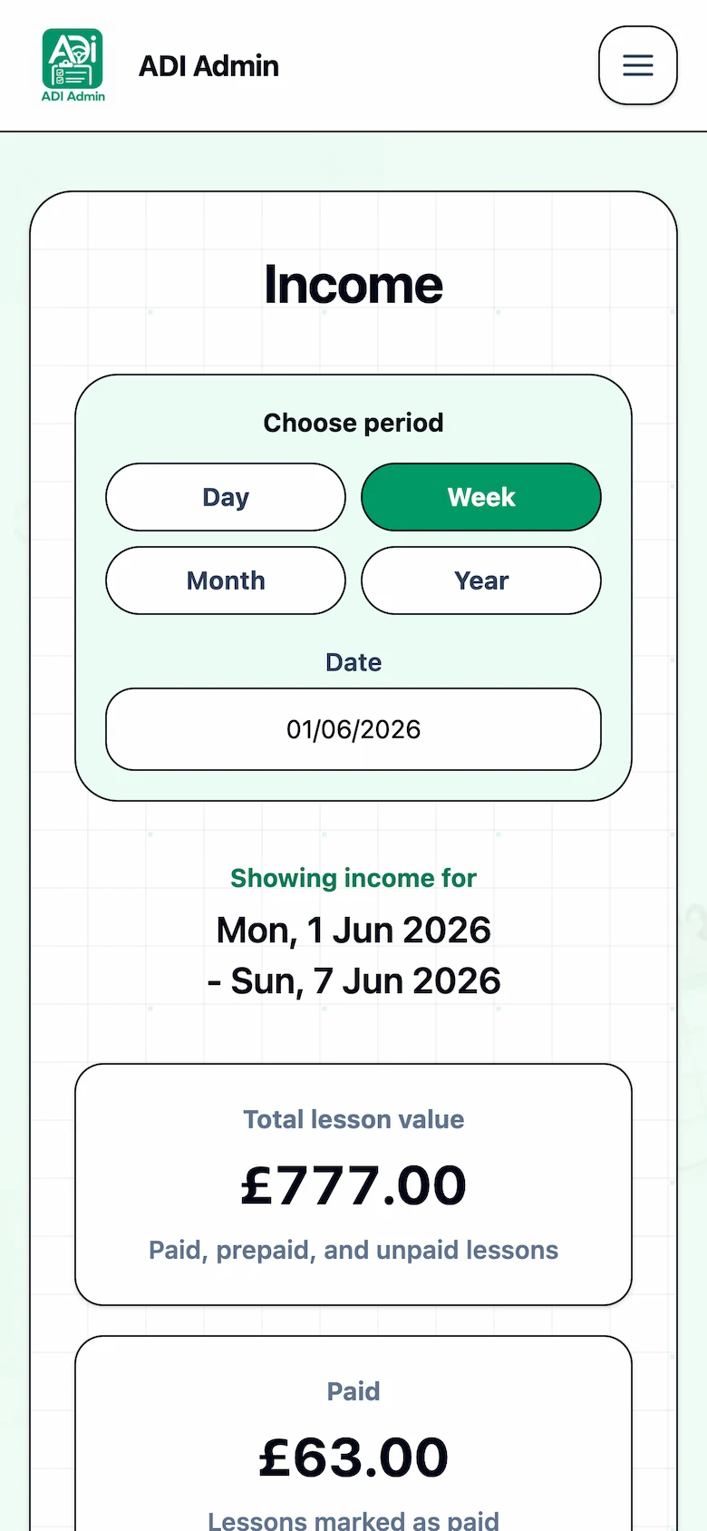 ADI Admin income overview showing lesson income totals