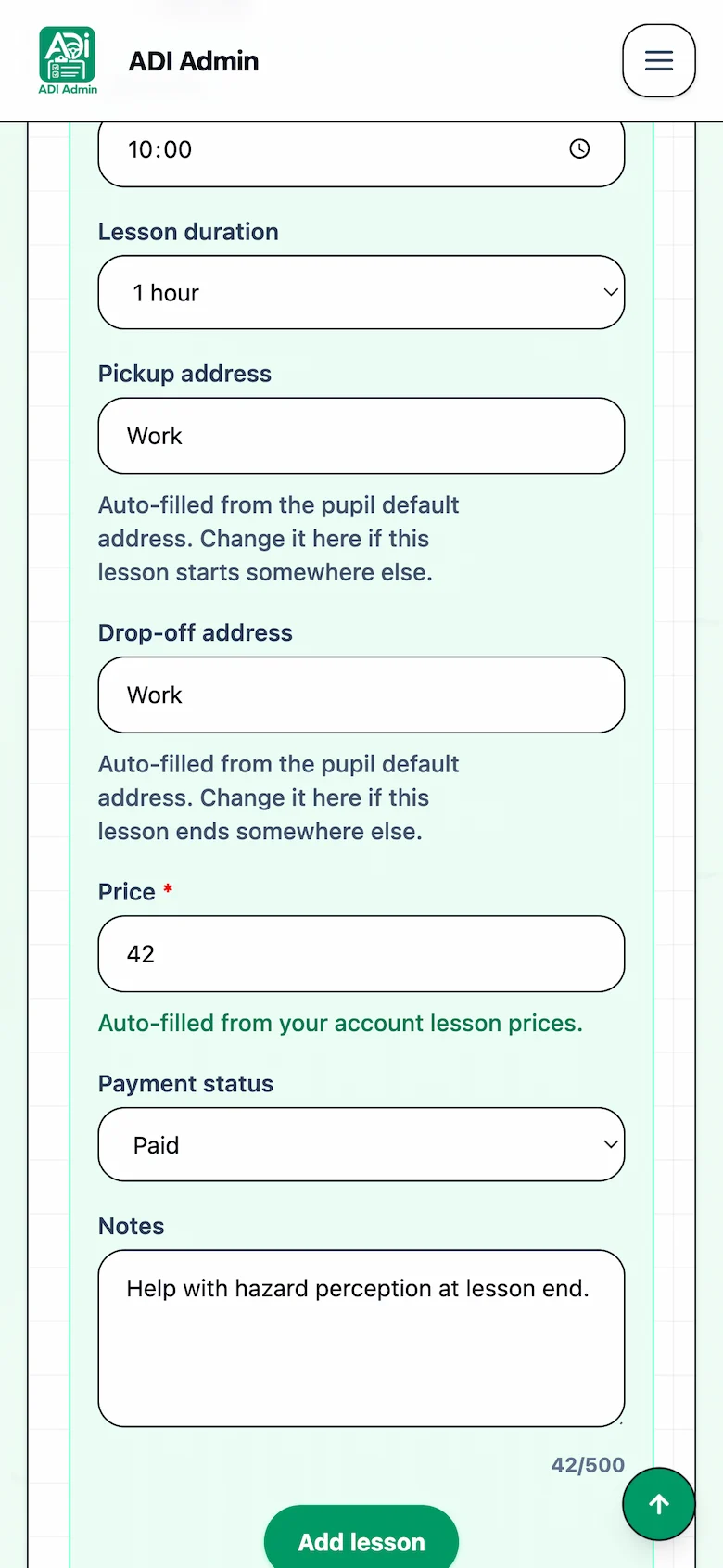 ADI Admin lesson form showing payment status and lesson notes