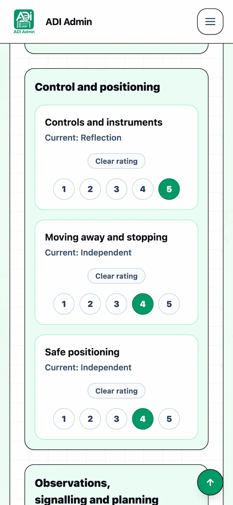 ADI Admin pupil progress rating buttons for driving skills