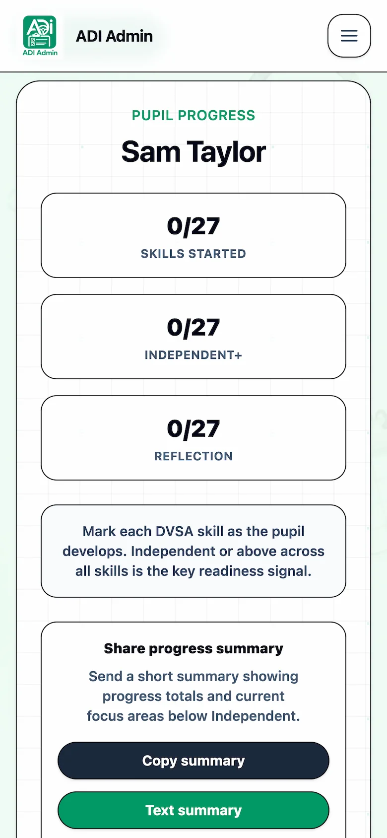 ADI Admin pupil progress summary showing started skills