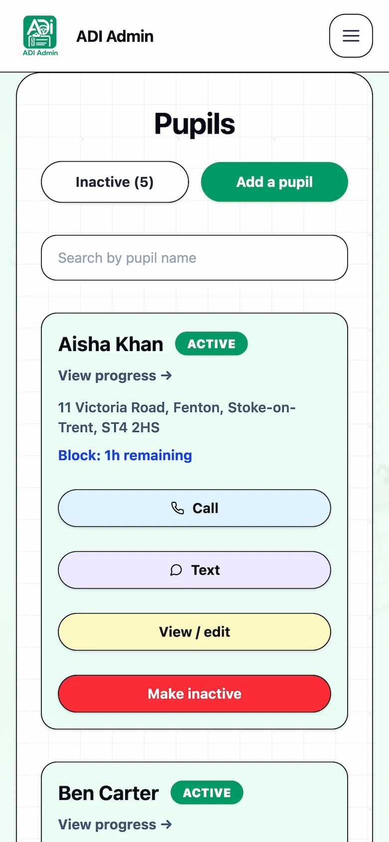ADI Admin pupils list showing active driving pupils