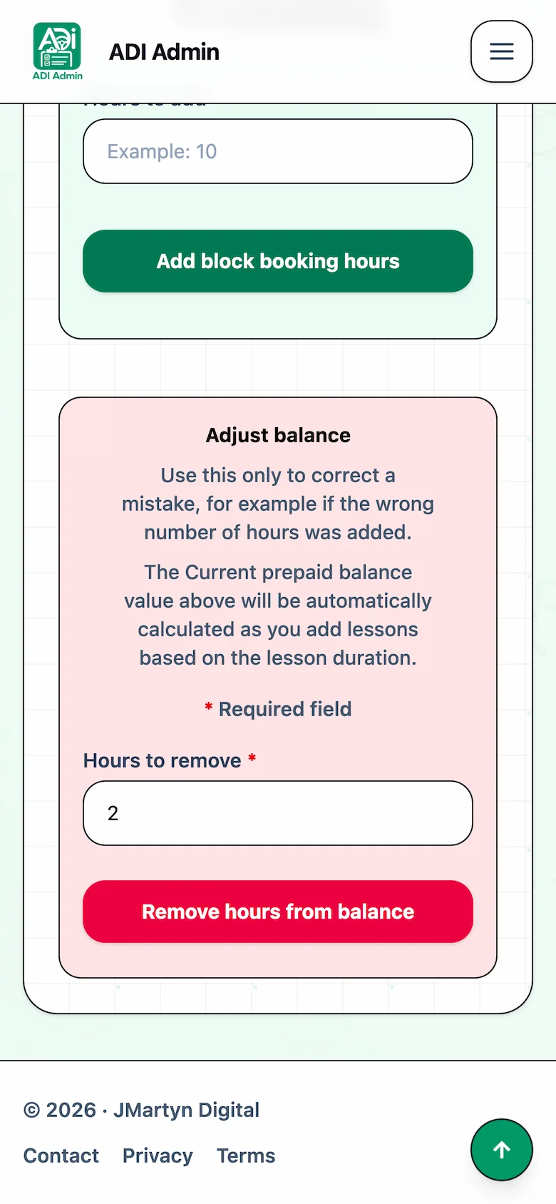 ADI Admin adjust balance section for removing prepaid lesson hours