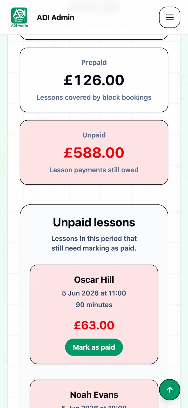 ADI Admin unpaid lessons list with mark as paid button