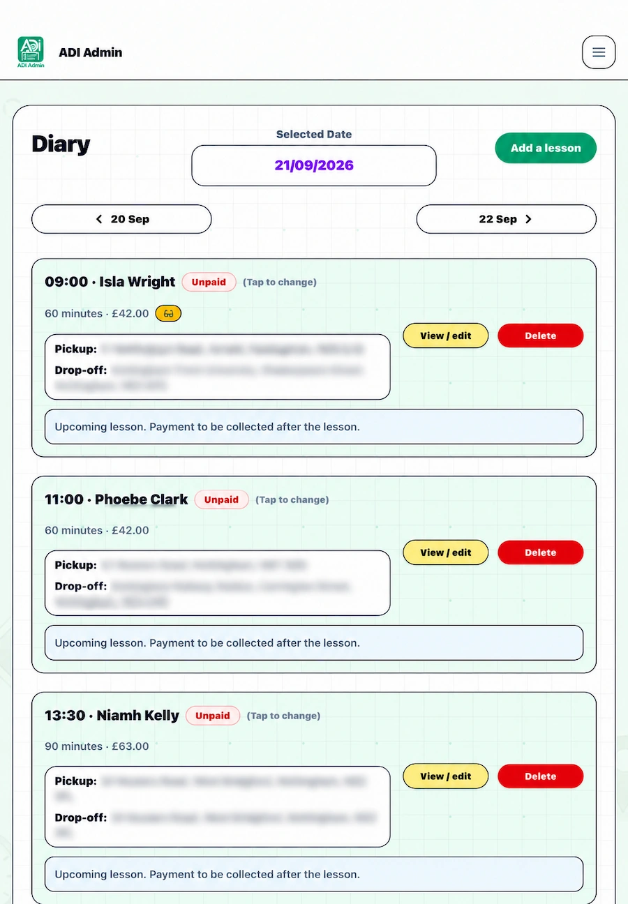 ADI Admin diary showing upcoming driving lessons